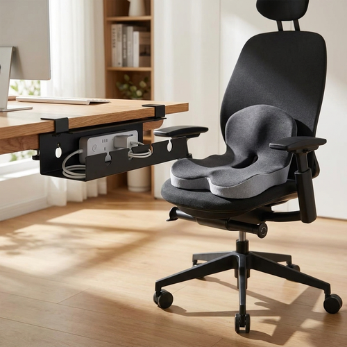 Desk Setup Bundle — cable tray clamped under a desk edge with memory foam cushion on the chair